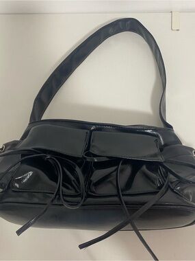Faux Leather Black Shoulder Bag with Bow Accent